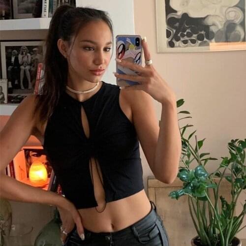 2021 New Women Sexy Hollow Out Tank Tops Vest Solid Color Round Collar Sleeveless Crop Tops for Summer 2021 Streetwear S/ M/ L