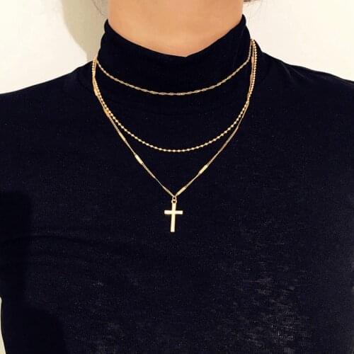 3 Pcs/Set Bohemian Vintage Cross Pendant Necklace for Women Fashion Multi-layer Bead Statement Necklace Set Party Jewelry Gifts