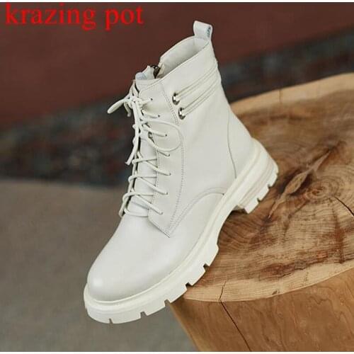 Krazing pot cow leather winter round toe thick med heels Chelsea boots keep warm high fashion cross-tied rivets ankle boots l06