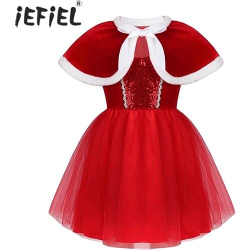 Kids Girls Christmas Costume Dancewear Shiny Sequins Tutu Dress with Capelet Outfit for Figure Ice Skating Baton Twirling