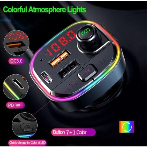 FM Transmitter Receiver Bluetooth 5.0 Car MP3 Player Handsfree Calling Car Kit LED Display Dual USB Car Charger 3.0A 7 Color LED
