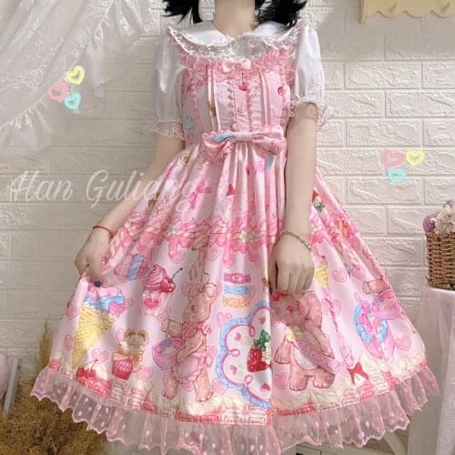 Kawaii Japanese Sweet Lolita Style Soft Girly Dress Vintage Square Collar Cartoon Bear Strawberry Bow Sleeveless Ruffles Dresses