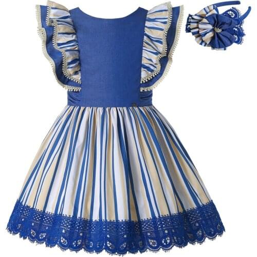 Pettigirl Summer Girl Dress Blue Casual Dress For Girls with Fly Sleeve Strips Wholesale Kids Clothes with Headband