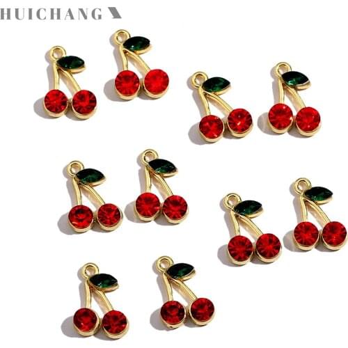 10Pcs Red Crystal Cute Cherry Charms Golden Alloy Fruit Charm DIY Jewelry Making Cherry Earrings Wholesale Handmade Accessories