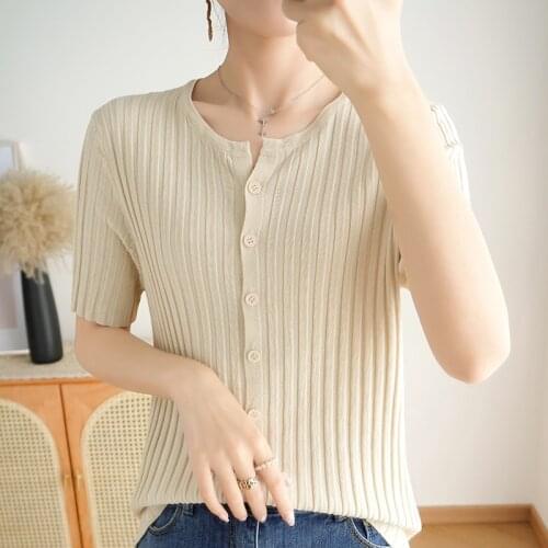 Fashion Style Solid Color Knitted Cardigan Women Fashion Round Neck Short Sleeve Loose-fitting Sweater NS4787