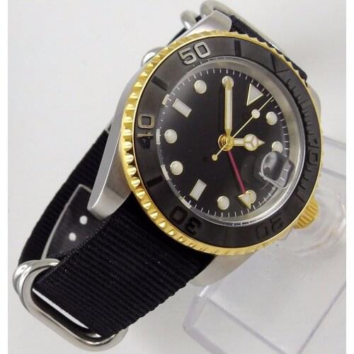 Sapphire Crystal 40MM Black Sterile Dial Mens Watch Golden Plated Case GMT Function Luminous Marks Automatic Movement