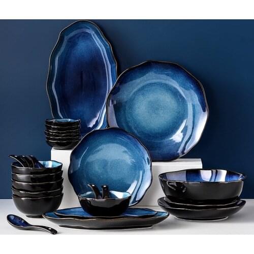 Ceramic Plate Sets Dark Blue Dishes Bowl Japanese Style Irregular Dinnerware Sets Nordic Kitchen Tableware Set Bowls and Plates