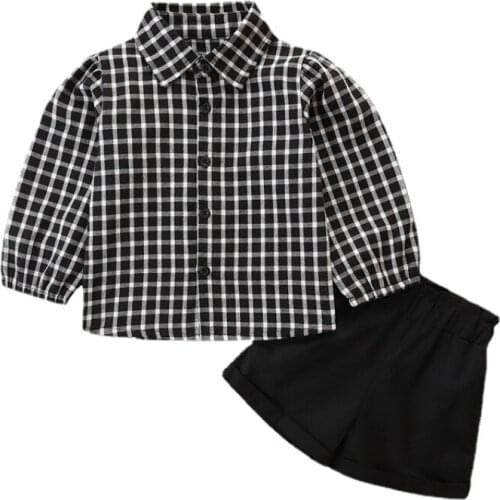 Autumn Girl Set Long Sleeve Plaid Shirt + Shorts 2PCS Children Clothing Set