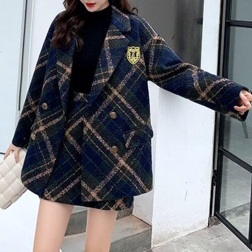 Autumn Fashion Two-piece Suits Thick Plaid Tweed Female Woolen Coat A-line Skirt Sets Vintage Women Suit Basic Jackets Uniform
