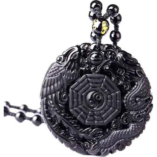 Natural Black Obsidian Gossip Pendant Necklace Hand Phoenix Good Necklace Dragon Pendants Jewelry Carved Men Women Chinese B4P5