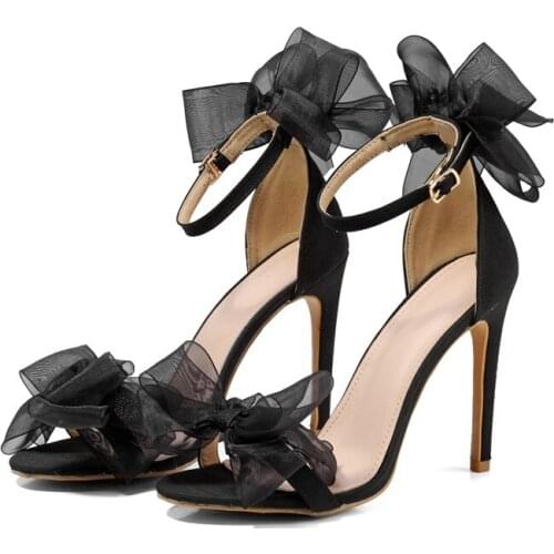 New Wedding Shoes Satin Vamp round Toe Stiletto Heel High Heel Sandals Large Size Peep Toe Lace Bow High Heels