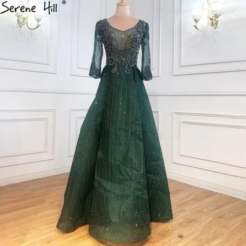 Serene Hill Muslim Pink Lace Beaded Plus Size Crystal Evening Dresses Gowns 2021 A-Line Luxury For Woman Party LA70773A