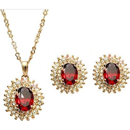 MOONROCY Red Crystal CZ Earring and Necklace Wedding Jewelry Set Rose Gold Color Trendy for Women Girls Gift Dropshipping
