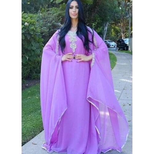 2020 Dubai Lilac Chiffon with Beading Evening Dresses ruched crew Long Sleeves Formal Gowns Kaftan Muslim Party Prom Gown Plus