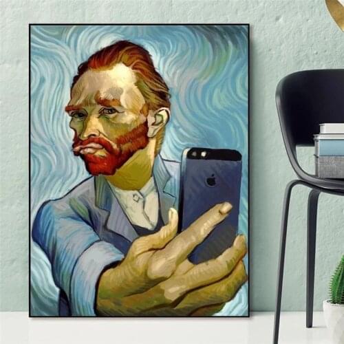 Funny Art Figure Selfie Canvas Painting Abstract Van Gogh Portrait and Girl Posters and Prints Wall Pictures for Home Decor