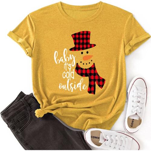 Women Crew Neck Short Sleeve Casual Summer T-shirts Snowman Graphic Tee Shirts Tops Female Clothes Streetwear Shirt