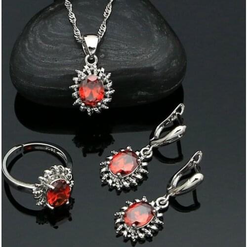 Womans Earrings Ring Pendant Chain Red Garnet 925 Sterling Silver Jewelry Set Engagement Gift Fashion Jewelry Kit