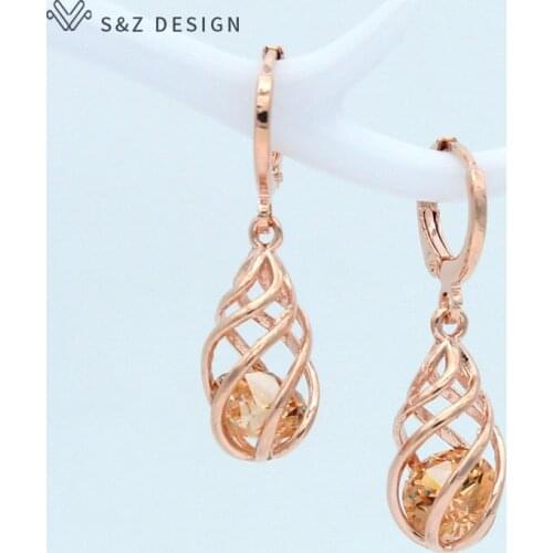 S&Z 585 Rose Gold Spiral Hollow Water Drop Dangle Drop Zircon Earrings For Women Gift Anti-allergy Texture Jewelry Party Eardrop
