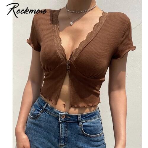 Rockmore Short Sleeve Brown Crop Tops Womens T-Shirt V Neck Knit Cardigans Y2K Harajuku Korean Solid Casual Knitwear Female Tee