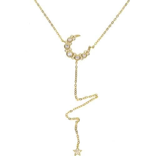 Elegant Christmas gift cz crescent moon star charm long sexy women lariat Y shape necklace 925 sterling silver