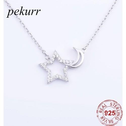 Pekurr Hollow Moon Star Sweetheart 925 Sterling Silver Necklaces For Women Adjustable Long Chain Collar Pendants Fashion Jewelry