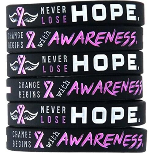 1pc black with pink and white text Breast cancer awareness ribbon sport silicone rubber bracelet wristband shipping