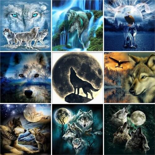 Huacan Diy Diamond Painting Wolf Embroidery Cross Stitch Animal Fantasy Mosaic Moon Home Decor Diamond Art