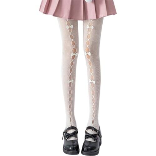 Women Girls Hollow Out Hole Fishnet Pantyhose Sweet Handmade Bowknot Japanese Lolita Kawaii Stretch Tights Stockings Footed Hosi