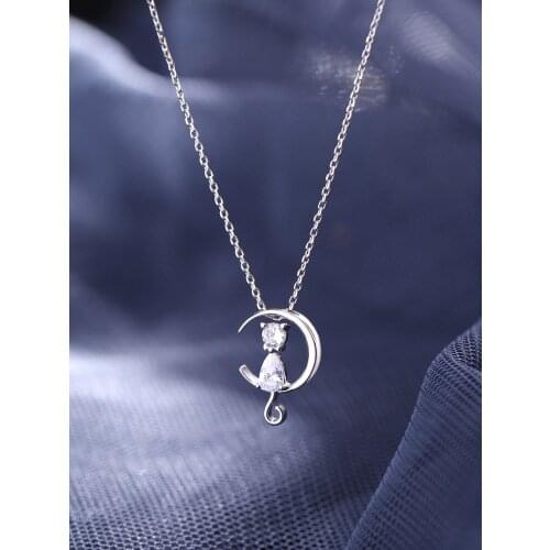 S925 sterling silver simple jewelry with moon cat necklace sweet zircon short pendant clavicle chain for female party gifts