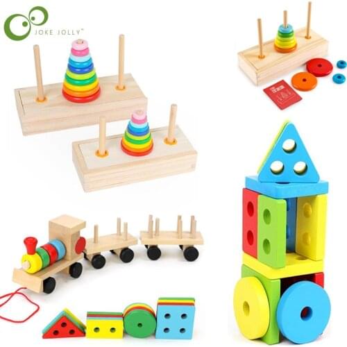 Montessori Kids Educational Toy Baby Toys Colorful Wooden Geometric Sorting Board Stacking Tower Building Puzzle Child Gift WYW