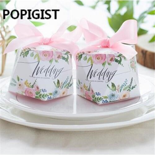 European Wedding Favors pink diamond shape Candy Boxes with bowknot Bomboniere Party Gift Box Chocolate Box