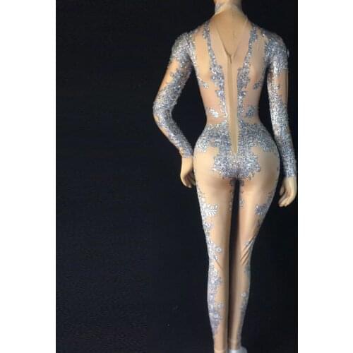 Womens Sexy Rhinestone Bodycon Clubwear Ladies Long Sleeve Fashion Slim Dance Party Show Jumpsuit Romper