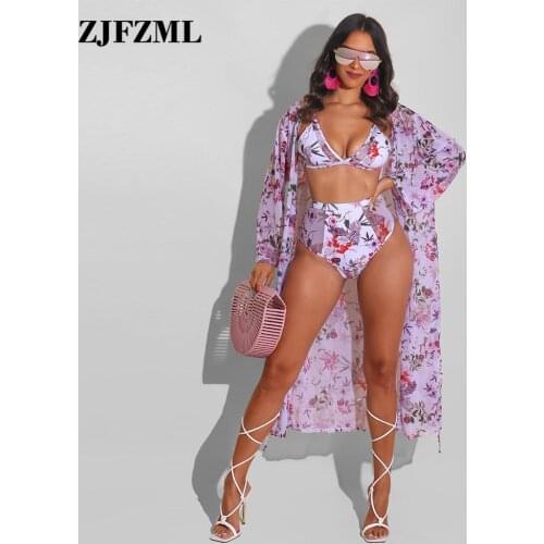 Floral Print 2 Piece Bikini Sets Summer Outfits Spaghetti Strap Bra Tops+high Waist Underpant+long Sleeve Cardigan Co Ord Suit