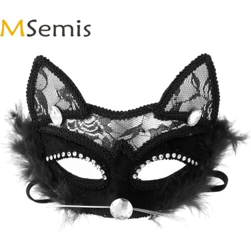 Women Eye Mask Exotic Fox Fur Lace Half Face Mask Naughty Cat Style Glitter Diamond Party Masks Halloween Sexy Cosplay Accessory