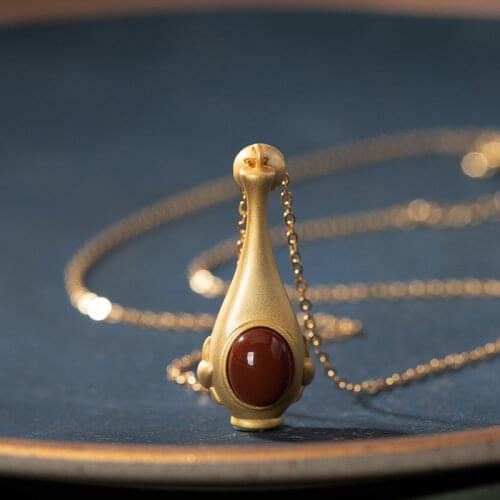 Natural Khotan jade silver inlaid jasper wishing bottle pendant necklace niche design Chinese retro womens brand jewelry