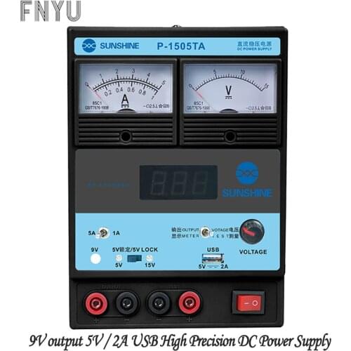 P-1505TA adjustable DC regulated power supply digital display pointer three window 15V 5A USB output dual insurance power supply