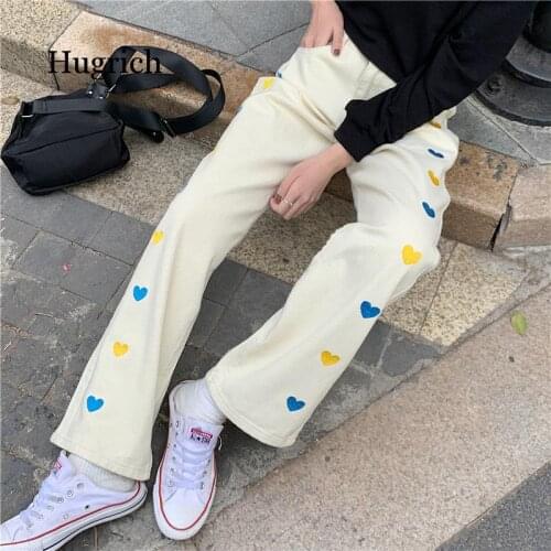 High Waist Straight Jeans Womens Korean Style Loose All Matching Large Size Casual Heart Print Wide Leg Pants