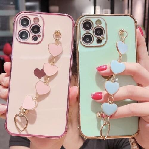 Luxury Plating Silicone Bracelet Phone Case For iPhone 11 12 Pro XR XS Max Mini 7 8 Plus SE2 Candy Color Heart Wrist Chain Cover