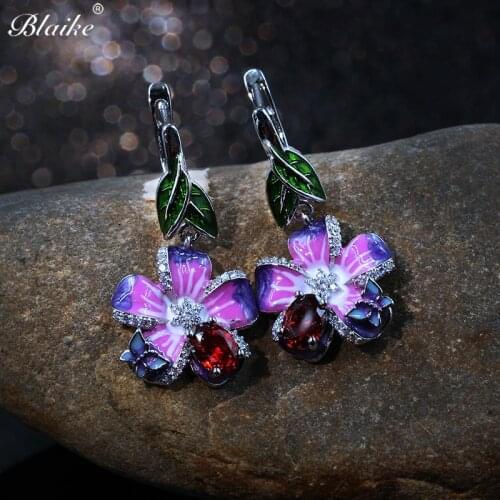 Blaike Silver Color Blue Flower Dangle Earrings For Women Inlay Zircon Butterfly Drop Earrings Wedding Party Gift