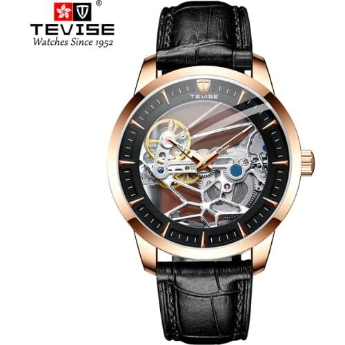 TEVISE 2021 Luxury Men Mechanical Wristwatch Alloy Case Leather Strap Hollow Men Watches Skeleton Watch Men T876 Dropshipping