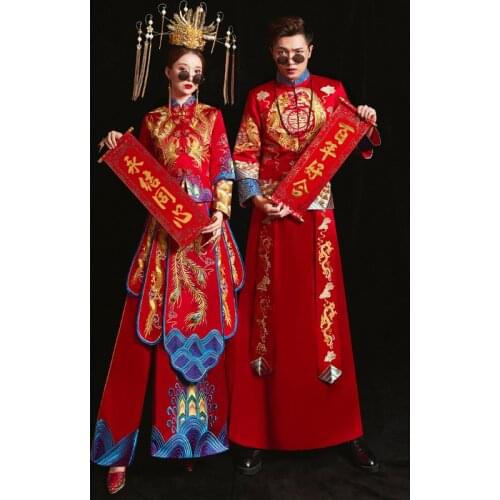 Chinese traditional Bride clothing pratensis style wedding dress female dragon gown slim cheongsam couple red evening gown robe
