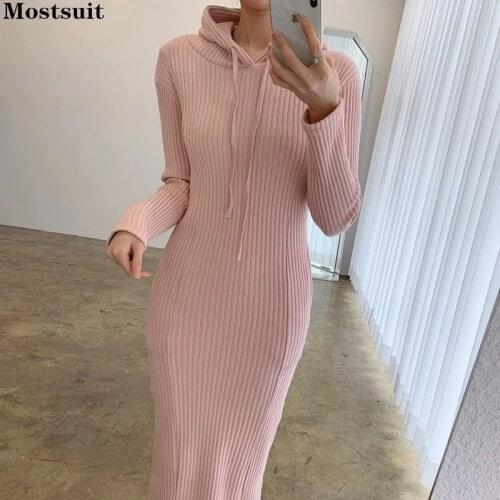 Hooded Knitted Sweater Dress Women Full Sleeve Slim Pencil Long Dress Solid Casual Fashion Ladies Vestidos 2021 Autumn