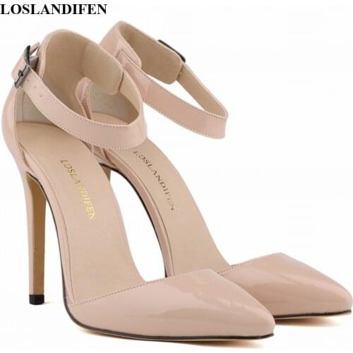 New Arrival Concise Solid Patent Leather Shallow Sandals Women Pointed Toe High Heels Shoes Fashion Buckle Womens Office Sandal
