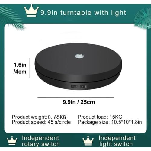 Universal 25cm Led Light 360 Degree Electric Rotating Turntable for Photography Showcase Jewelry Watch Display Load 15KG EU/US