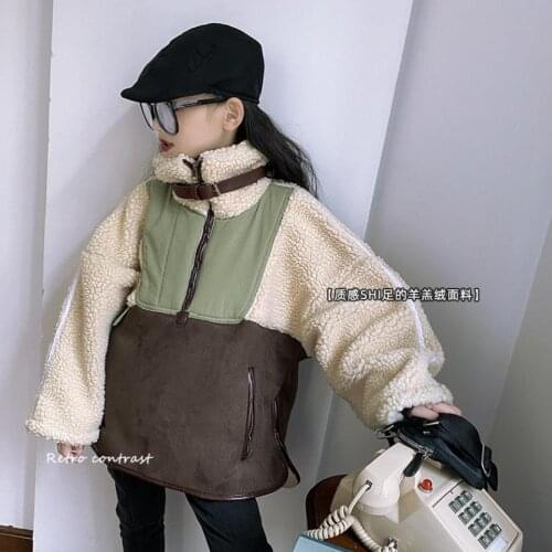 Girls lambswool thicken jacket winter new fur coat children loose patchwork outerwear tops kids jacket 4-14Y ws1831