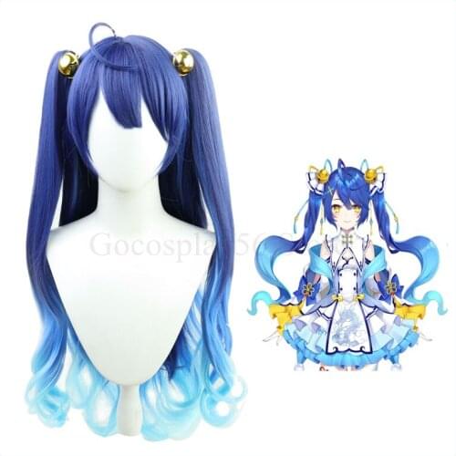 VTuber Amamiya Kokoro Wig Twin Ponytails Bells Gradient Blue Curly Synthetic Hair Youtuber Girls Hololive Cosplay