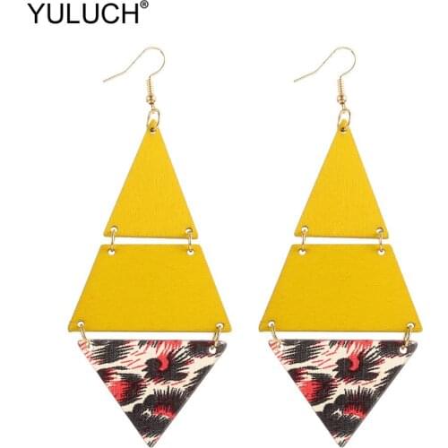 YULUCH Fashion Drop Jewelry Ethnic Yellow Wooden Triangle Acrylic Pom Pom Pompom Long Pendant Earrings For Women Party Wedding