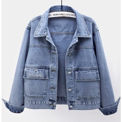 Spring Fashion Short Denim Jacket Women Korean Vintage Washed Letter Big Pocket Long sleeve Jeans Jacket Female Slim Denim Coat