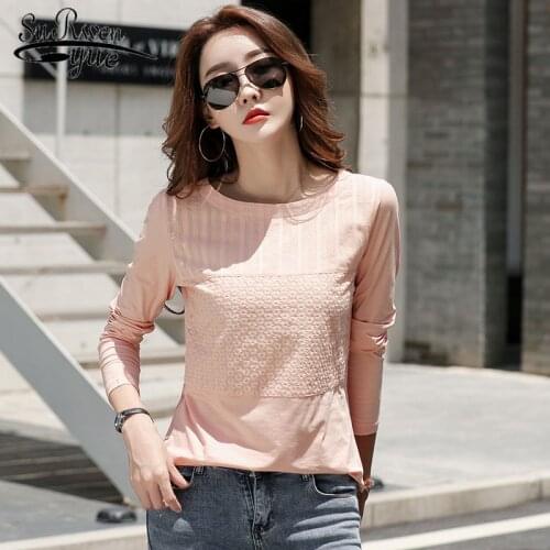 Cotton Tshirt Women 2021 Autumn Stitching Long Sleeve Shirt Women Embroidered Office Lady Slim Patchwork Korean Clothes 10852