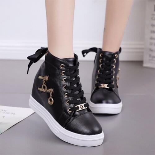 Women Wedge Platform Rubber Brogue Leather Lace Up High Heel 6 Cm Shoes Pointed Toe Increasing Creepers White Sneakers Zipper